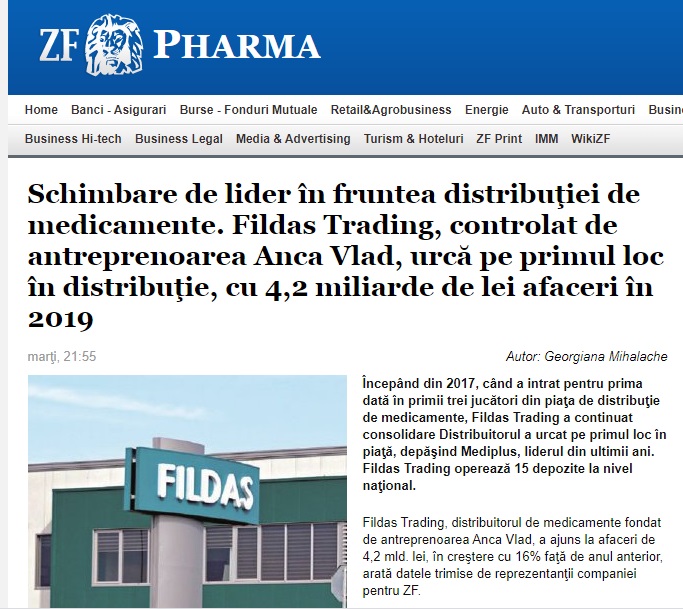 Ziarul Financiar: Schimbare de lider în fruntea distribuţiei de medicamente. Fildas Trading, controlat de antreprenoarea Anca Vlad, urcă pe primul loc în distribuţie, cu 4,2 miliarde de lei afaceri în 2019